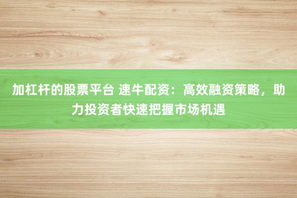 加杠杆的股票平台 速牛配资：高效融资策略，助力投资者快速把握市场机遇